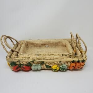 Vintage straw basket lot of 3 nesting baskets  with 3D veggie details Jute